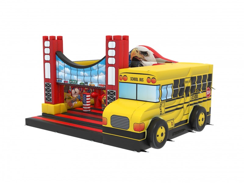 Te koop: Amerikaanse schoolbus springkasteel.